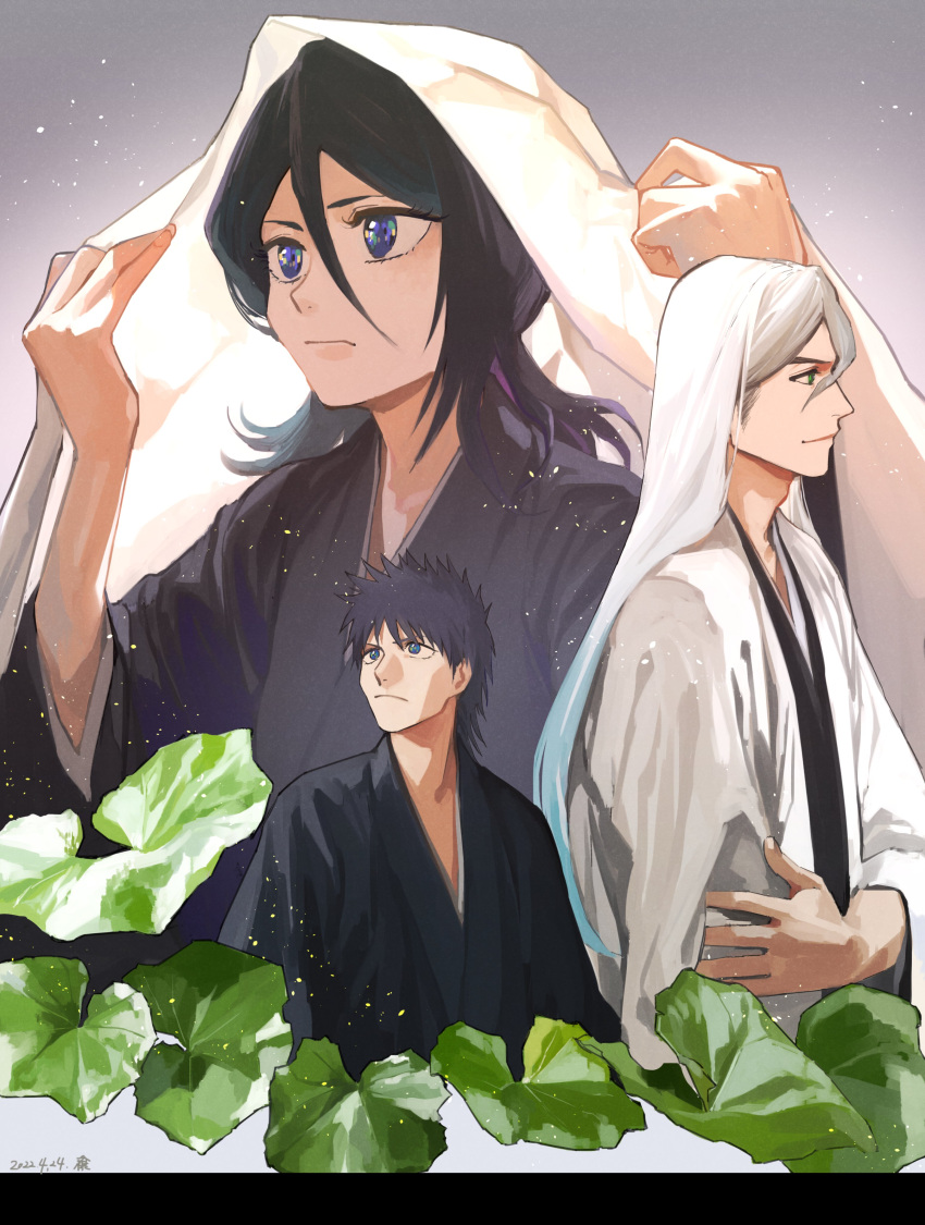 1girl, 2boys, absurdres, arm_up, black_hair, black_kimono, bleach, blue_eyes