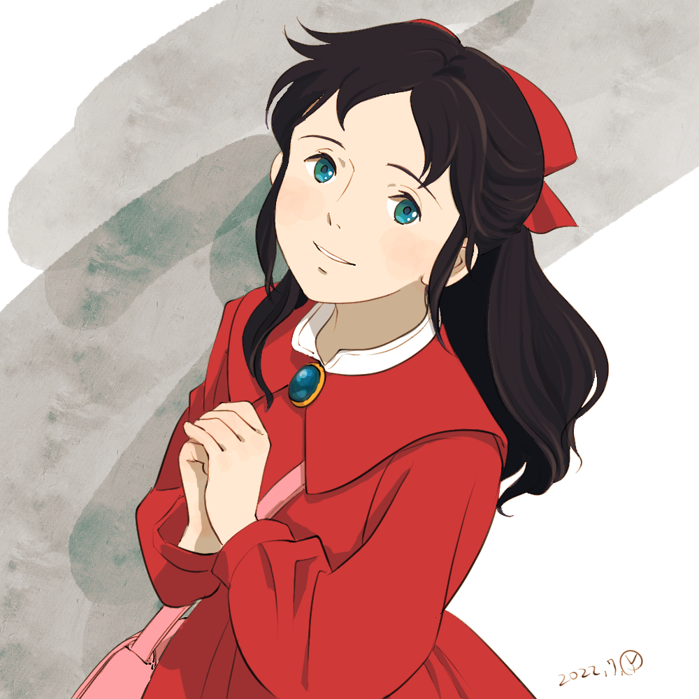 1girl, angeletta_(romeo_no_aoi_sora), black_hair, blue_eyes, bow, brooch, dated, dress