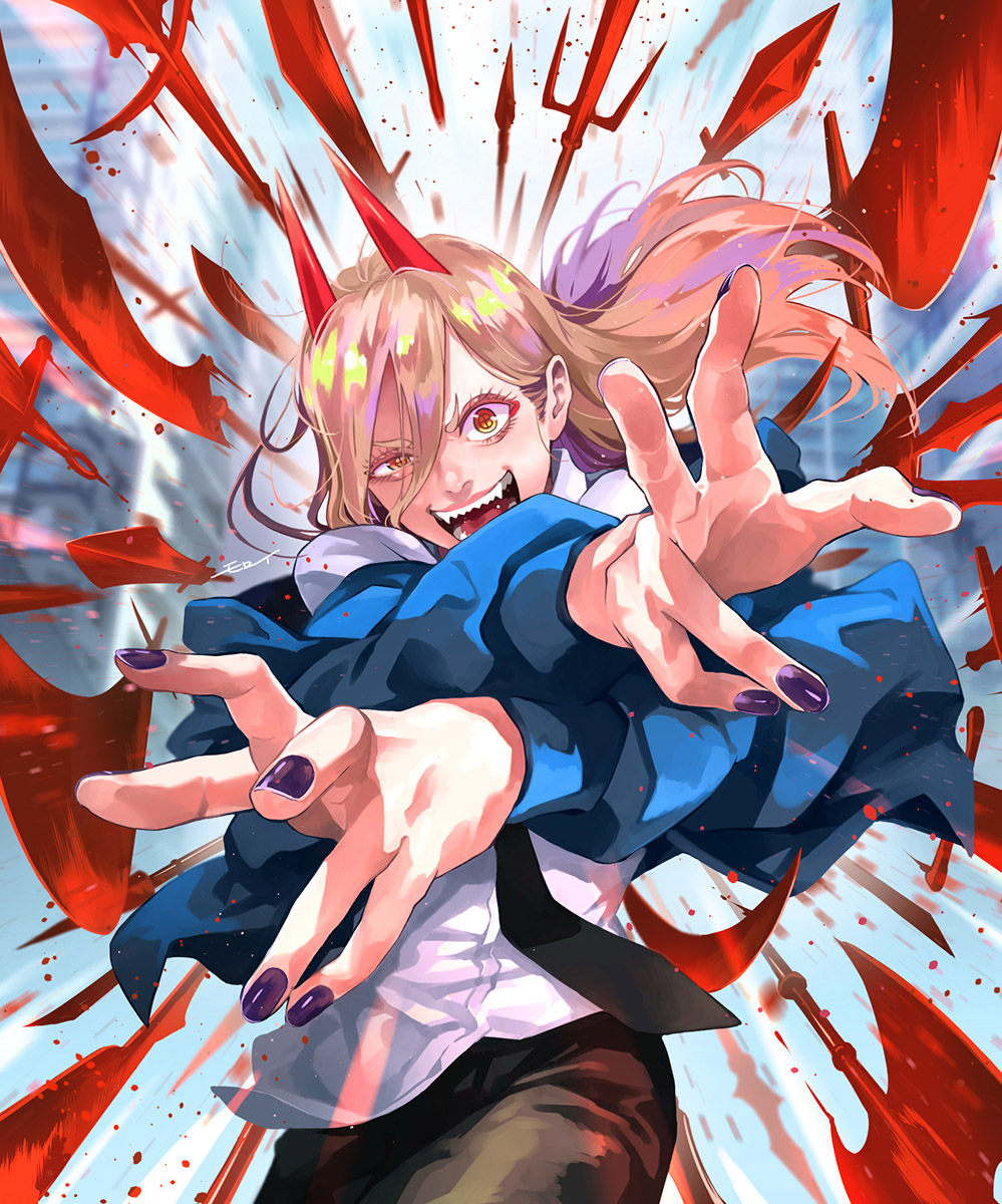 1girl, black_nails, black_necktie, black_pants, blonde_hair, blood, blood_splatter, blood_sword, blue_hoodie, chainsaw_man, commentary_request, crosshair_pupils, demon_girl, demon_horns, facing_viewer, fingernails, hemokinesis, highres, hood, hoodie, horns, long_hair, looking_at_viewer, monster_girl, moroi, nail_polish, necktie, open_mouth, outstretched_arms, pants, power_(chainsaw_man), red_horns, red_nails, sharp_fingernails, sharp_teeth, shirt, shirt_half_tucked_in, solo, teeth, weapon, white_shirt