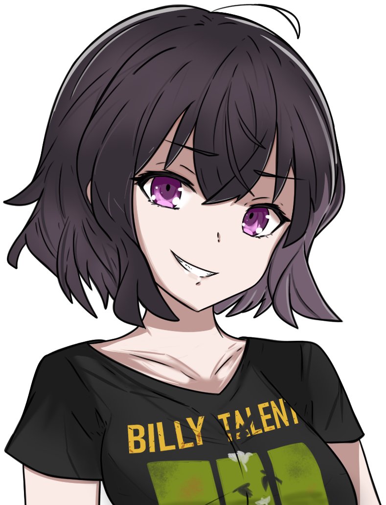 1girl, alternate_costume, bangs, black_hair, black_shirt, breasts, clothes_writing, collarbone