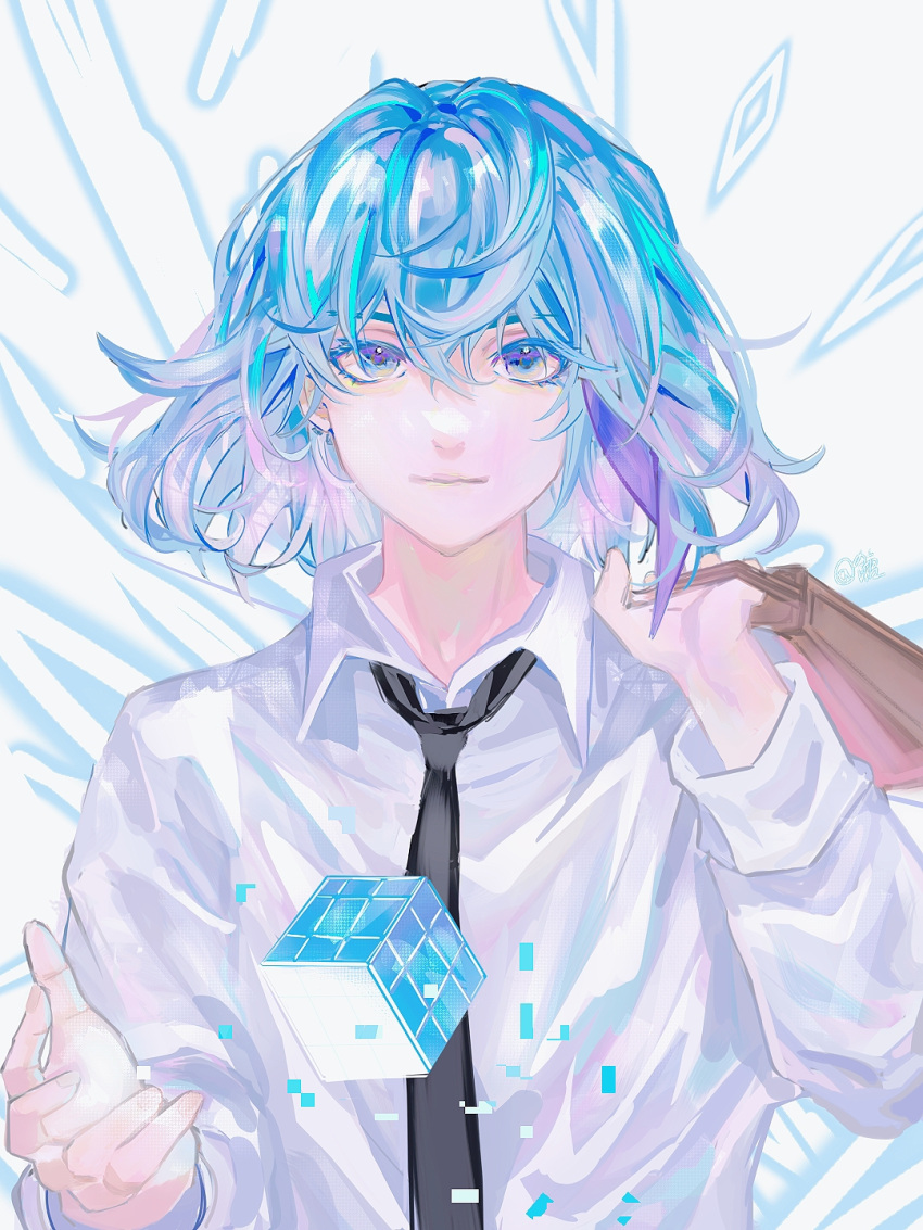 1boy, bag, black_necktie, blue_eyes, blue_hair, cube, handbag, highres