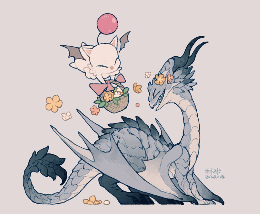 >_<, artist_name, basket, bat_wings, closed_eyes, commentary, creature, dragon