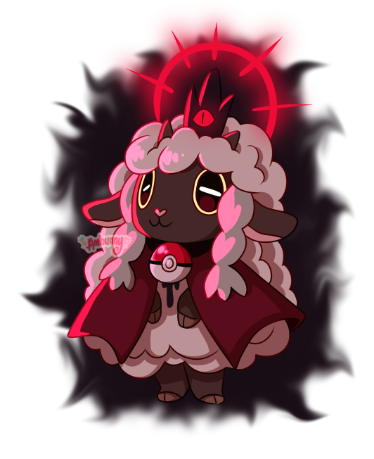 :3, ambunny, animal_focus, artist_name, aura, black_headwear, braid, brown_eyes, capelet, closed_mouth, clothed_pokemon, colored_sclera, commentary, cosplay, crown, cult_of_the_lamb, english_commentary, full_body, happy, horizontal_pupils, no_humans, poke_ball_symbol, pokemon, pokemon_(creature), red_capelet, red_eyes, sidelocks, slit_pupils, smile, solo, the_lamb_(cult_of_the_lamb), the_lamb_(cult_of_the_lamb)_(cosplay), transparent_background, twin_braids, watermark, wooloo, yellow_sclera