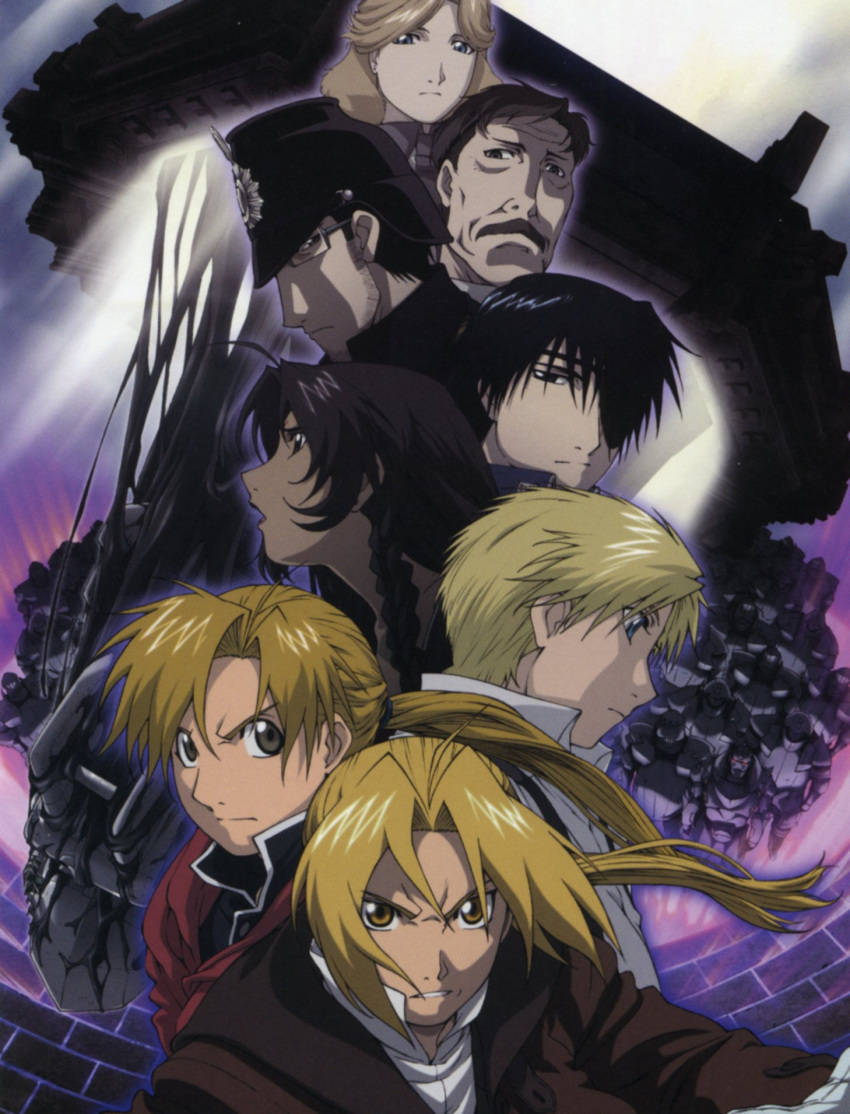 alphonse_elric, alphonse_heiderich, angry, armor, bangs, beard, black_hair, blonde_hair, blue_eyes, braid, brothers, coat, conqueror_of_shambala, cover, dark_skin, dietlinde_eckart, dietlinde_eckhart, dress_shirt, dual_persona, dvd_cover, edward_elric, everyone, eyepatch, facial_hair, frown, fullmetal_alchemist, gloves, glowing, grey_eyes, hair_over_one_eye, hat, highres, itou_yoshiyuki, karl_haushofer, lipstick, long_hair, maes_hughes, military, military_uniform, mustache, noah, noah_(fullmetal_alchemist), official_art, old_man, open_mouth, parted_bangs, roy_mustang, scan, shirt, short_hair, siblings, suspenders, twin_braids, uniform, wind, yellow_eyes
