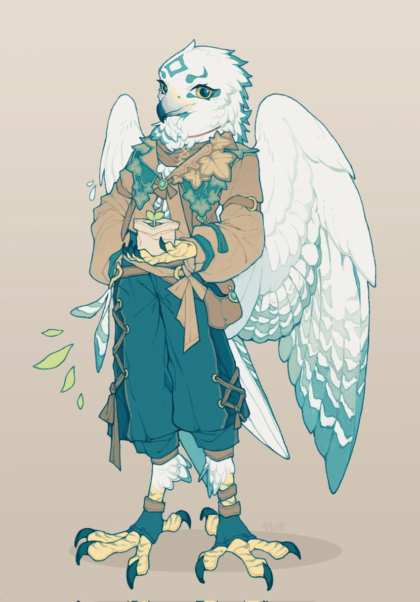 1boy, arm_strap, artist_name, bag, beak, belt, bird_boy, bird_legs, bird_tail, bird_wings, blue_pants, brown_jacket, brown_scarf, feathered_wings, feathers, full_body, furry, furry_male, gradient, gradient_background, grey_background, highres, holding, holding_bag, jacket, jewelry, long_sleeves, looking_at_viewer, male_focus, o-ring, o-ring_belt, original, owl_boy, pants, pendant, pouch, scarf, shuini_xiaomao, signature, simple_background, smile, solo, sprout, standing, tail, talons, white_feathers, wings, yellow_eyes