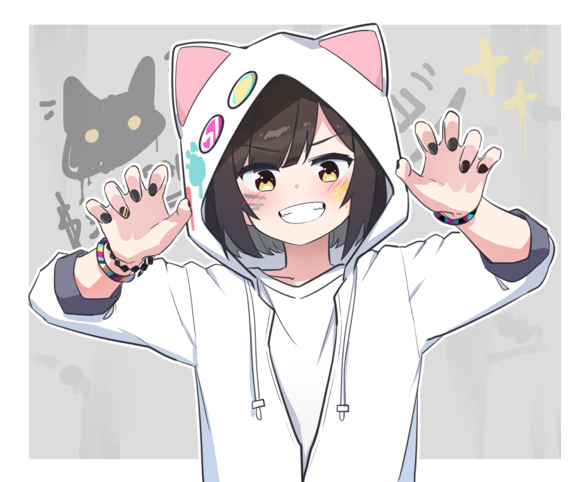 1girl, animal_ears, arms_up, black_hair, bracelet, cat_ears, claw_pose, denonbu