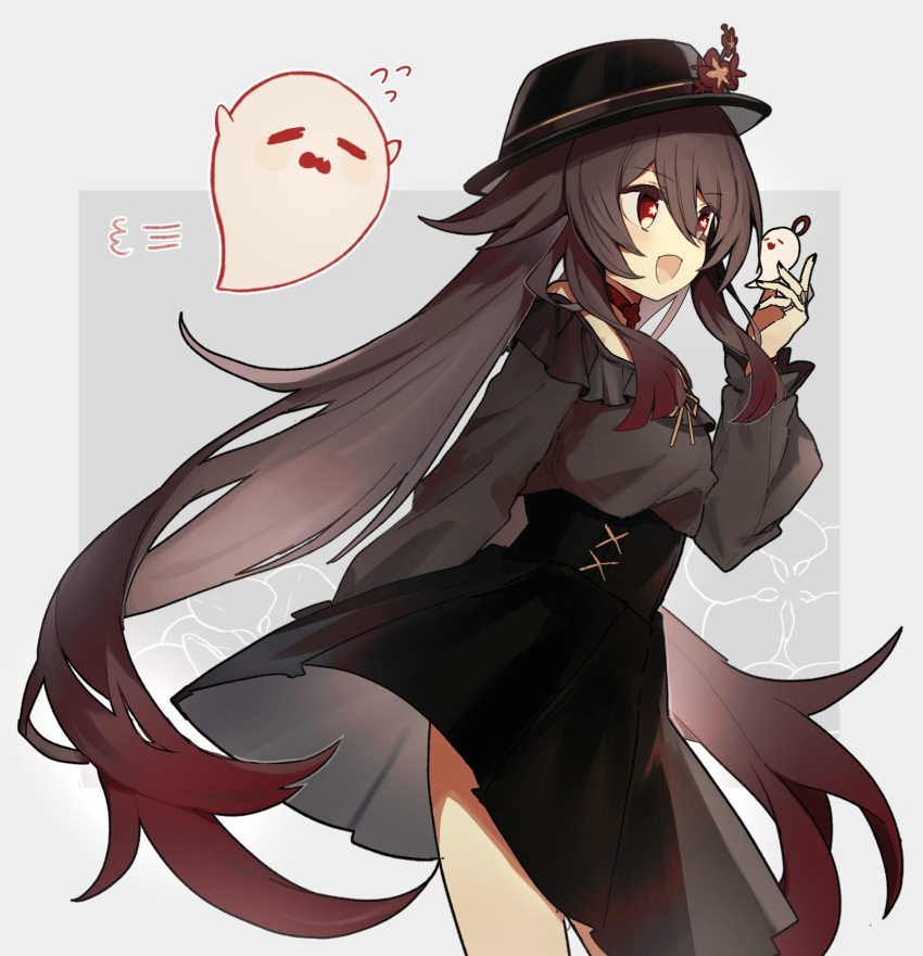 1girl, black_headwear, black_shirt, black_skirt, blouse, boo_tao_(genshin_impact), brown_hair, character_doll
