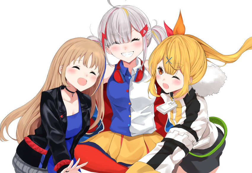 3girls, absurdres, ahoge, bangs, belt, black_choker, black_jacket, black_shorts