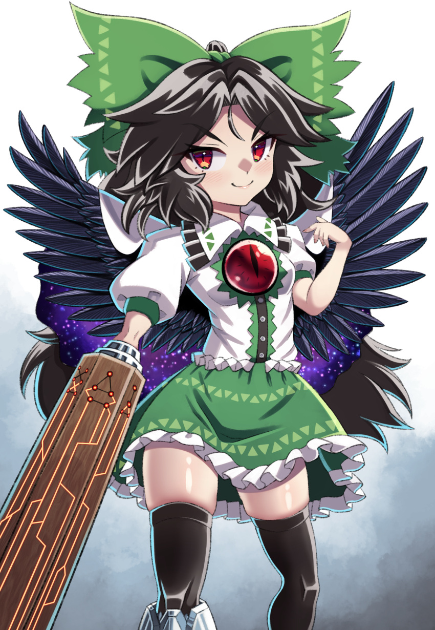 1girl, absurdres, arm_cannon, bangs, bird_wings, black_hair, black_legwear, black_thighhighs, black_wings, blush, bow, breasts, buttons, cape, closed_mouth, collared_shirt, commentary_request, control_rod, doku_yanagi, feet_out_of_frame, frilled_shirt, frilled_skirt, frills, green_bow, green_skirt, hair_bow, highres, long_hair, looking_at_viewer, puffy_short_sleeves, puffy_sleeves, red_eyes, reiuji_utsuho, shiny, shiny_skin, shirt, short_sleeves, skindentation, skirt, small_breasts, smile, solo, starry_sky_print, thigh-highs, thighhighs, third_eye, touhou, very_long_hair, weapon, white_cape, white_shirt, wings, zettai_ryouiki