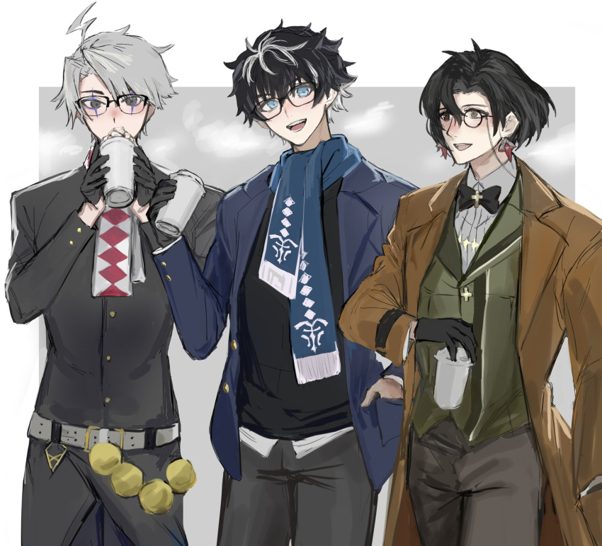 3boys, :d, argyle, belt, bespectacled, black_bow, black_bowtie, black_coat