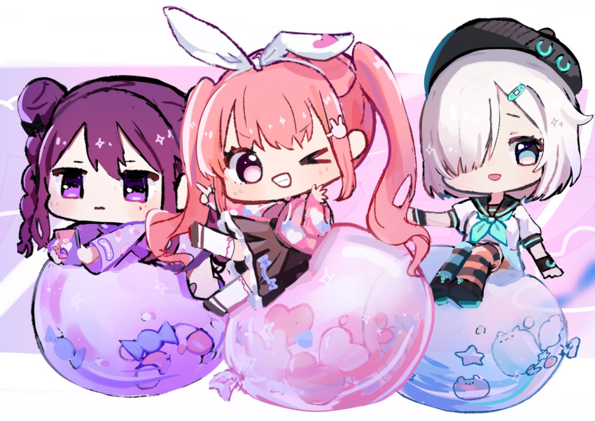 3girls, animal_ears, azu_(azukagamine), balloon, bangs, beret, black_footwear, black_skirt, blue_eyes, blush, bow, bracelet, braid, buttons, cellphone, chibi, closed_mouth, denonbu, double_bun, dress, full_body, grey_hair, hair_bow, hair_bun, hair_ornament, hairclip, hairpin, hat, headband, highres, hood, hoodie, inubousaki_shian, jacket, jewelry, long_hair, long_sleeves, looking_at_viewer, minakami_hina, multiple_girls, one_eye_closed, open_mouth, orange_hair, paint_splatter, phone, pink_eyes, pink_hoodie, purple_eyes, purple_hair, purple_hoodie, rabbit_ears, safety_pin, sakurano_mimito, school_uniform, serafuku, shirt, short_hair, sitting, skirt, smartphone, smile, striped, striped_thighhighs, thigh-highs, twin_braids, twintails, violet_eyes, white_hair, white_thighhighs