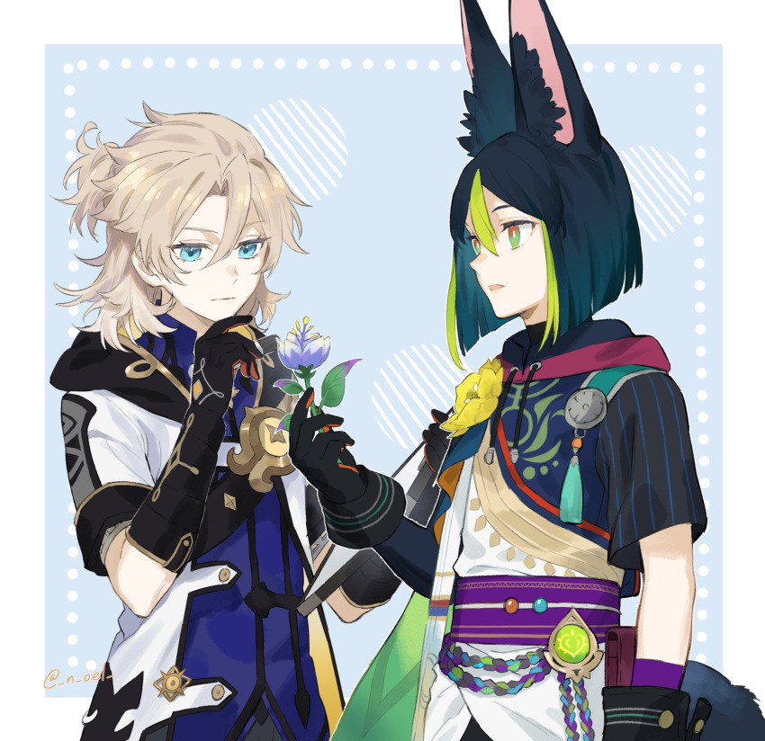 2boys, albedo_(genshin_impact), animal_ear_fluff, animal_ears, aqua_eyes, bangs, black_gloves, black_hair