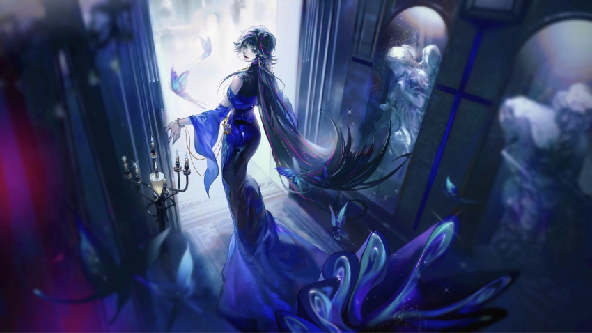 1girl, angel_statue, bangs, black_shirt, blue_butterfly, blue_dress, blue_eyes, blue_hair