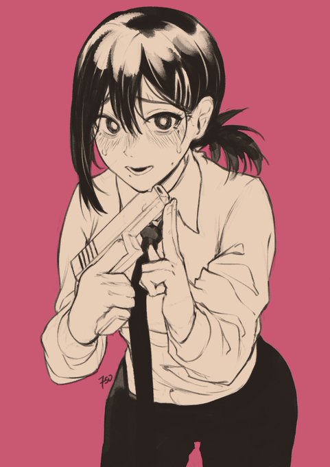 1girl, black_hair, blush, chainsaw_man, dress_shirt, frenchvanillu, gun, higashiyama_kobeni