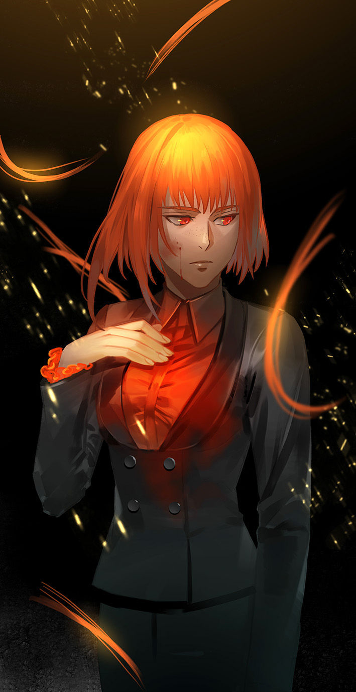 1girl, akakokko_(niro_azarashi), birdmen, blood, blood_on_face, buttons, closed_mouth, freckles