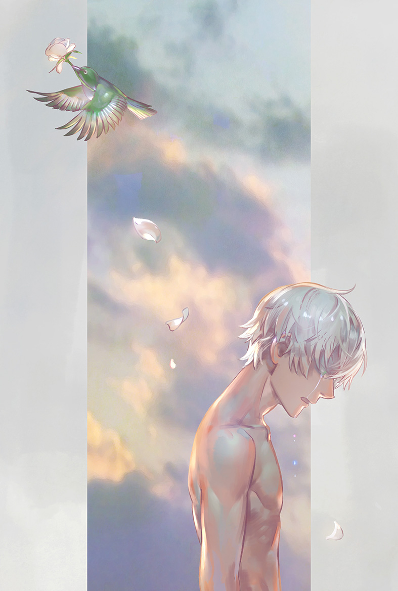 1boy, akakokko_(niro_azarashi), bird, birdmen, clouds, collarbone, crying, flower, from_side, hair_over_eyes, looking_down, male_focus, petals, silvereye_collins_(birdmen), solo, topless_male