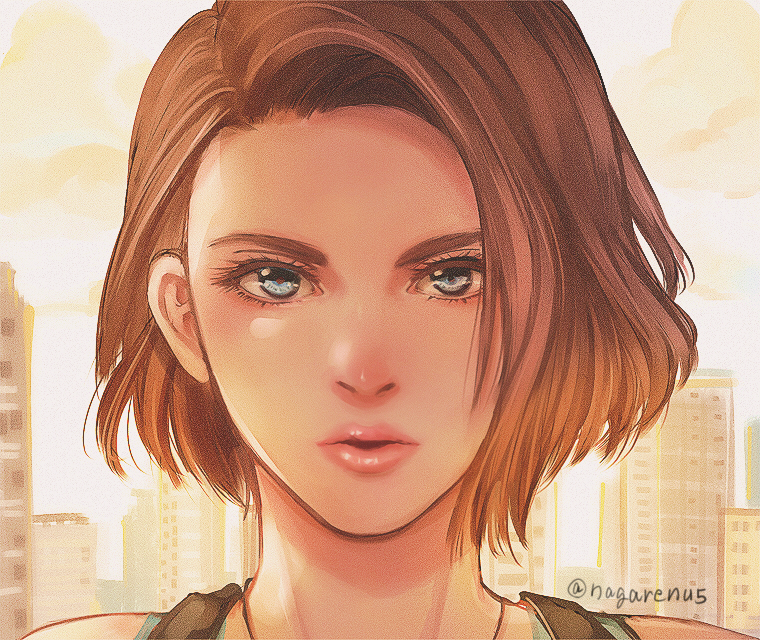 1girl, blue_eyes, brown_hair, city, forehead, jill_valentine, lips, looking_at_viewer