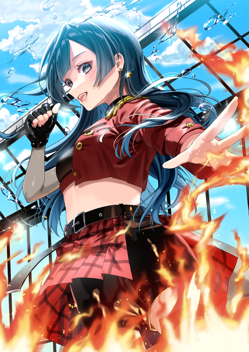1girl, absurdres, bangs, belt, black_gloves, black_hair, blue_sky, clouds