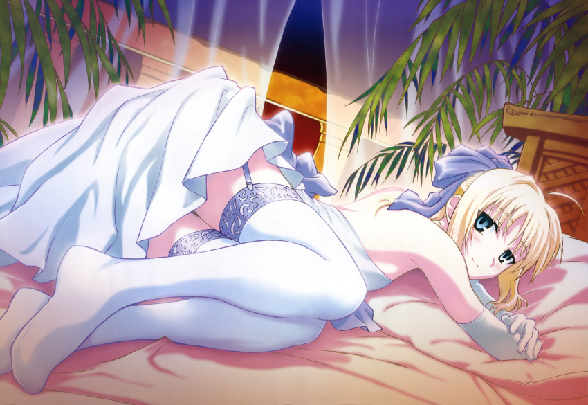 1girl, absurdres, ahoge, bed, bed_sheet, blonde_hair, blush, bow