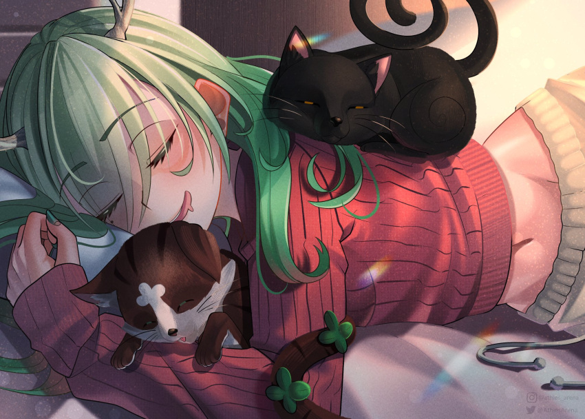 1girl, animal, antlers, athies, bangs, black_cat, branch, cat