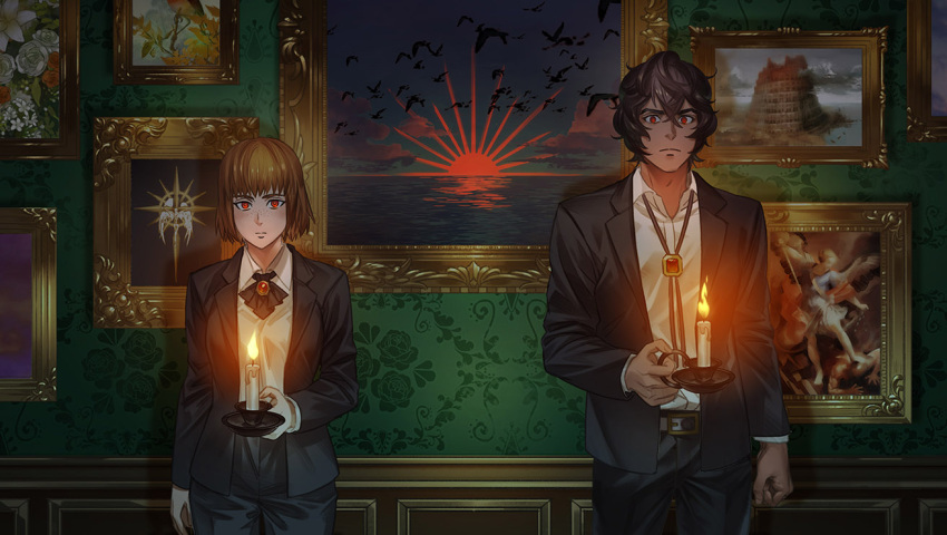 1boy, 1girl, akakokko_(niro_azarashi), birdmen, black_hair, candle, closed_mouth, coat