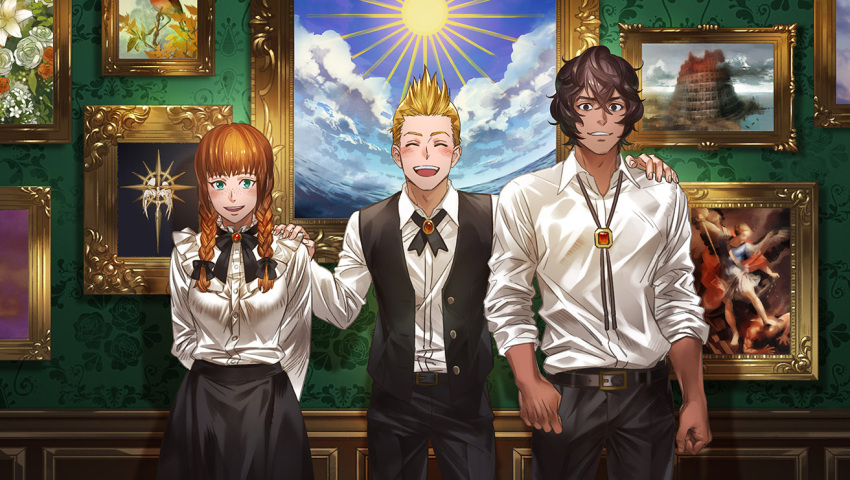 1girl, 2boys, akakokko_(niro_azarashi), arthur_c._phoenix, birdmen, black_hair, black_vest, blonde_hair