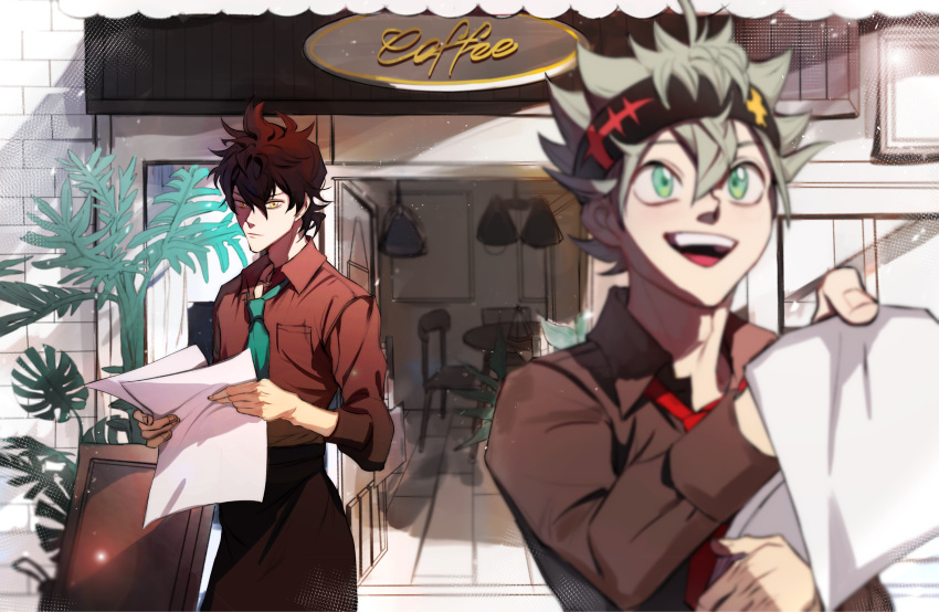 2boys, alternate_costume, asta_(black_clover), black_clover, black_hair, cafe, caosishao, collared_shirt