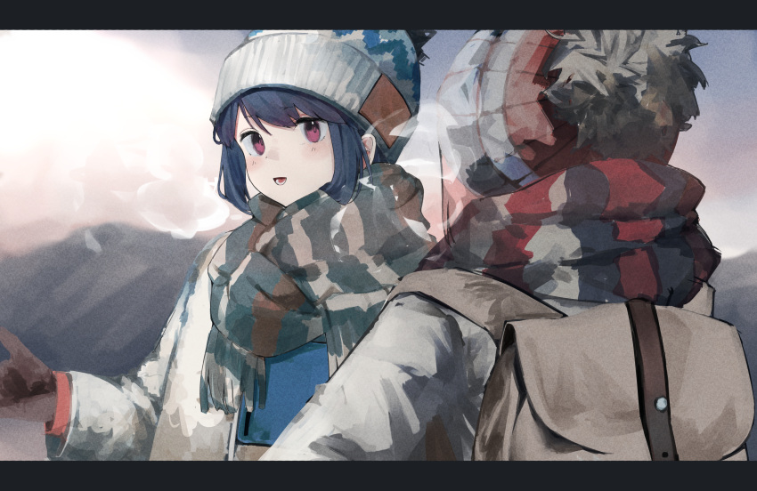 1girl, 2girls, absurdres, backpack, bag, beanie, blue_hair, blurry