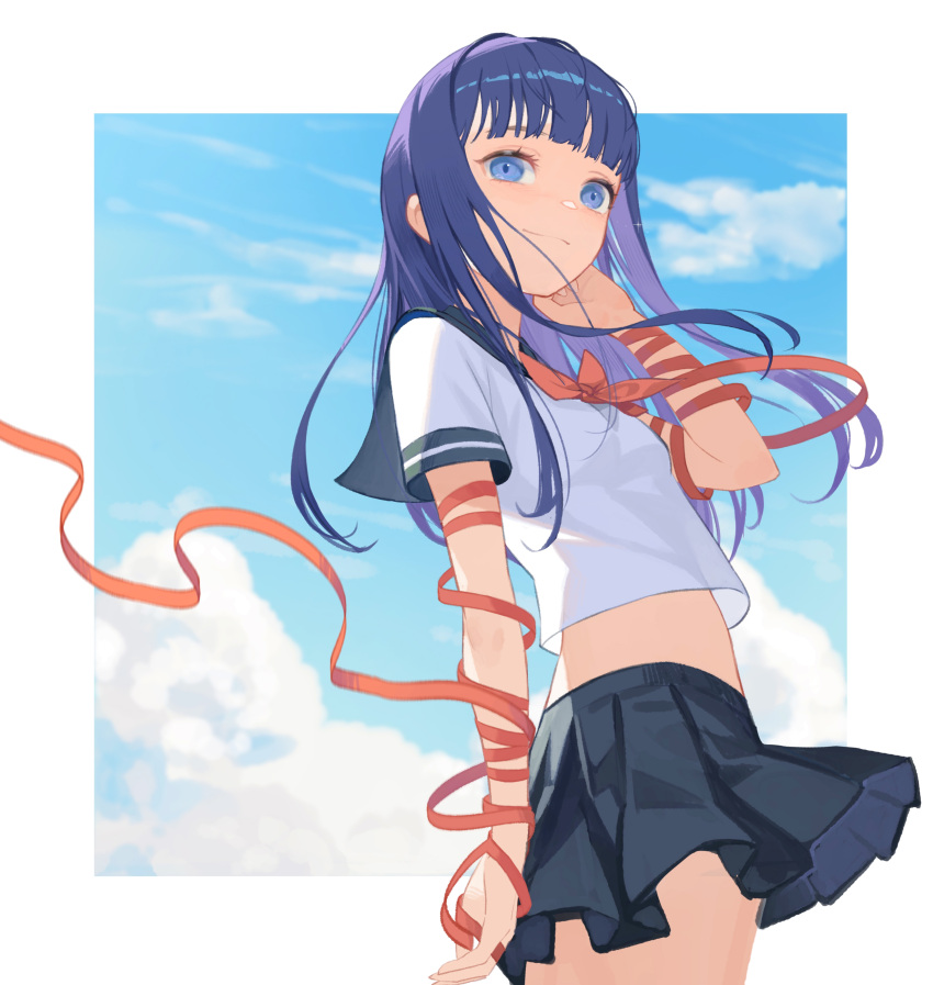 1girl, absurdres, arm_ribbon, bangs, blue_eyes, blue_hair, blue_sailor_collar, blue_skirt