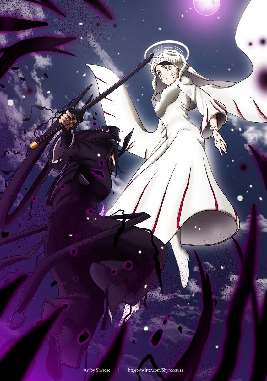 1boy, 1girl, 2girls, absurdres, angel, angel_wings, armor, artist_name