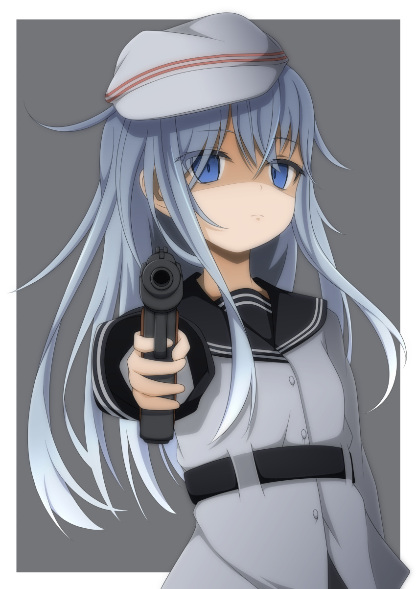 1girl, aiming, bell_shireikan, belt, black_belt, black_sailor_collar, blue_eyes, blue_hair, flat_cap, grey_hair, gun, hammer_and_sickle, hat, hibiki_(kancolle), hibiki_(kantai_collection), highres, holding, kantai_collection, light_blue_hair, long_hair, long_sleeves, looking_at_viewer, sailor_collar, school_uniform, serafuku, silver_hair, solo, upper_body, verniy_(kancolle), verniy_(kantai_collection), weapon, white_headwear