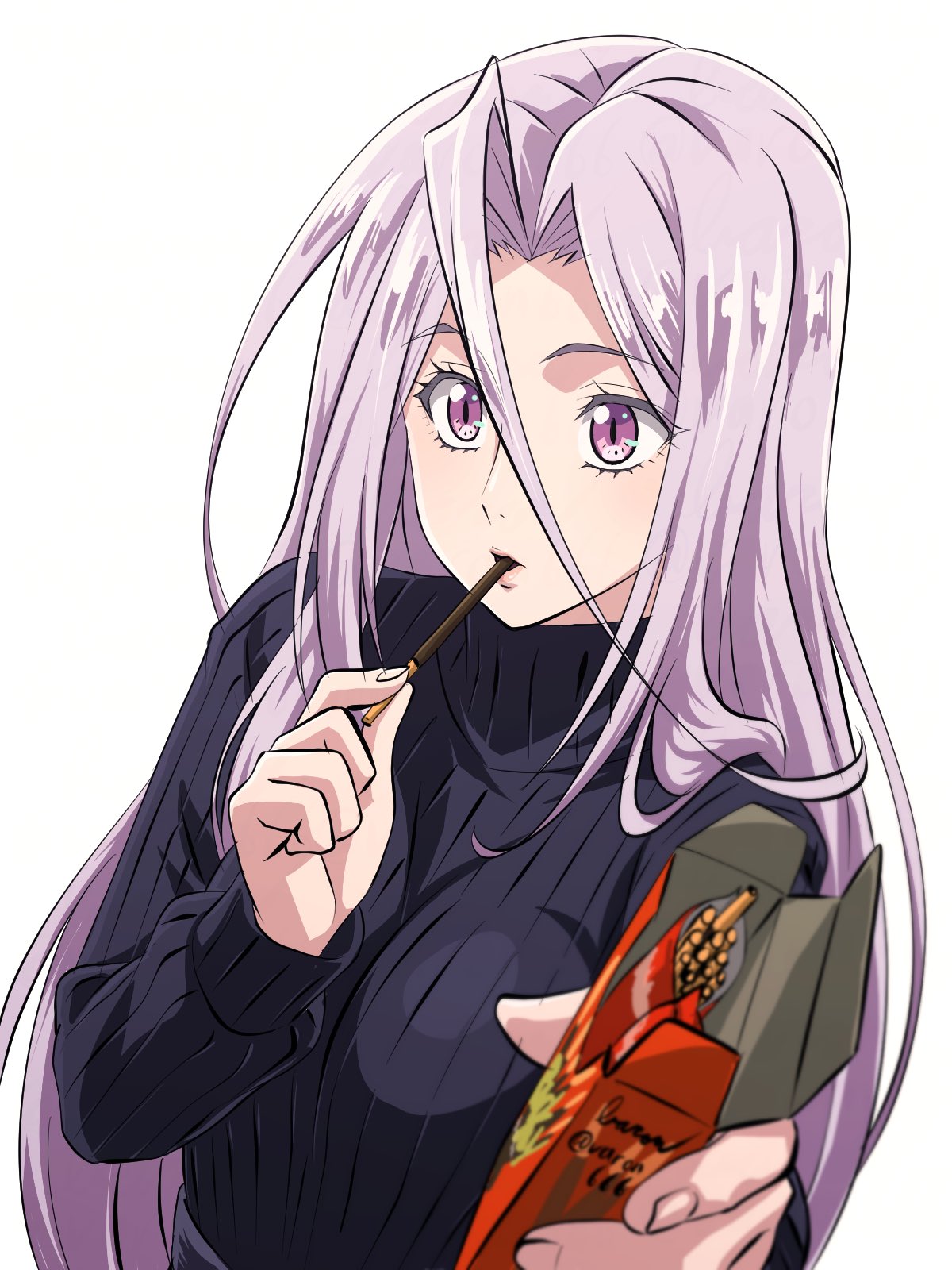 1girl, artist_name, baron_(varon666), black_sweater, box, eating, food, food_in_mouth