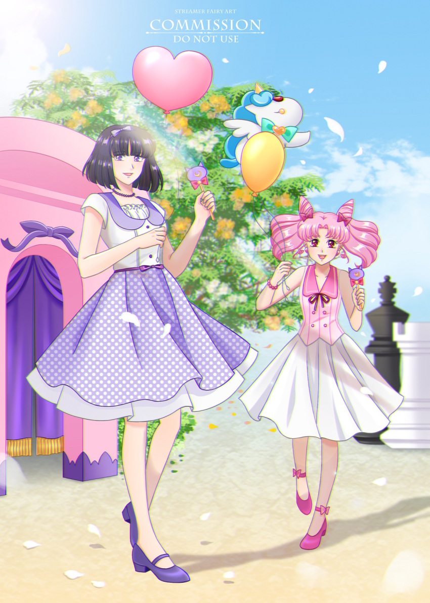 2girls, alternate_costume, balloon, bishoujo_senshi_sailor_moon, black_hair, board_game, bow, buttons
