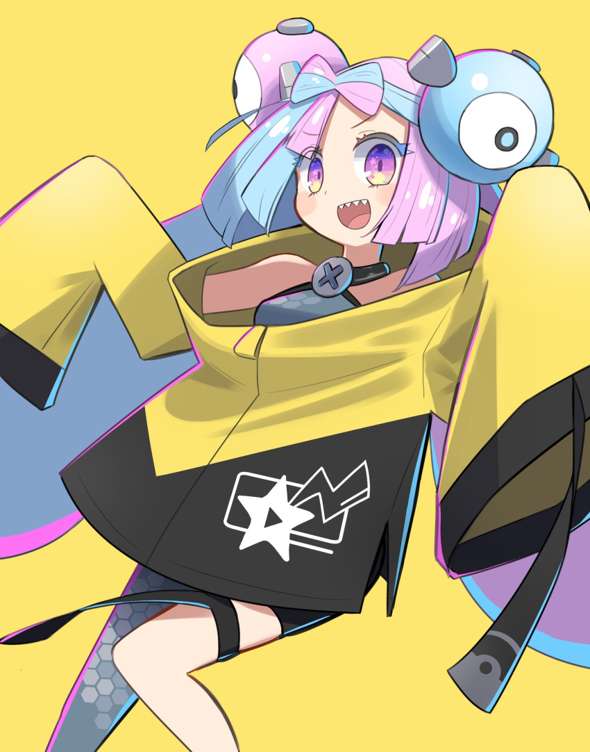 absurdres, bow-shaped_hair, character_hair_ornament, grey_pantyhose, hair_ornament, hexagon_print, highres, iono_(pokemon), jacket, kanawo_tu0, long_hair, low-tied_long_hair, oversized_clothes, pantyhose, pokemon, pokemon_(game), pokemon_sv, sharp_teeth, single_leg_pantyhose, sleeves_past_fingers, sleeves_past_wrists, teeth, twintails, very_long_sleeves, x, yellow_jacket