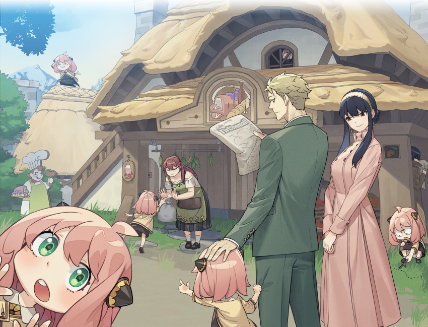 1boy, 3girls, anya_(spy_x_family), bangs, black_footwear, black_hair, black_skirt, blonde_hair, breasts, brown_eyes, brown_hair, cowboy_shot, female_child, formal, green_eyes, green_jacket, green_pants, green_suit, hairband, hairpods, haje, hand_on_another's_head, highres, holding, holding_newspaper, inn, jacket, long_hair, long_jacket, medium_breasts, medium_hair, multiple_girls, newspaper, open_mouth, outdoors, pants, pink_hair, pink_jacket, reading, short_hair, sidelocks, skirt, smile, spy_x_family, suit, suit_jacket, teeth, twilight_(spy_x_family), upper_teeth, v_arms, vacation, yellow_jacket, yor_briar