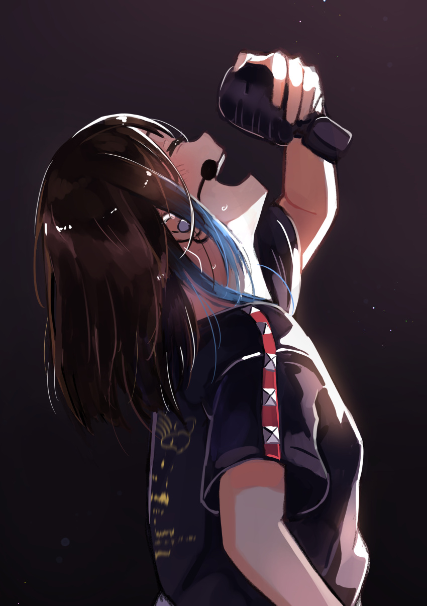 1girl, absurdres, blue_hair, brown_hair, closed_eyes, commentary, commentary_request, dark_background