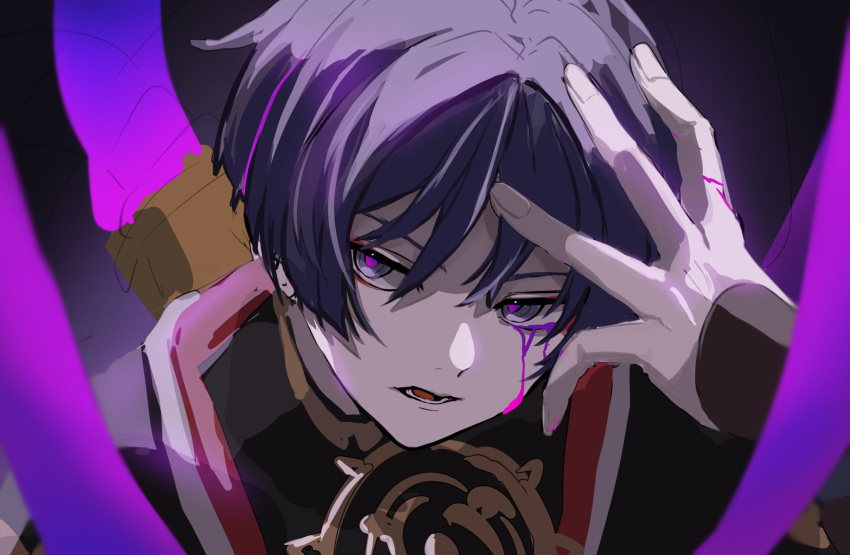 1boy, bishounen, crying, crying_with_eyes_open, genshin_impact, hand_on_own_head, highres, japanese_clothes, looking_at_viewer, male_focus, scaramouche_(genshin_impact), shima_usagi, solo, tears