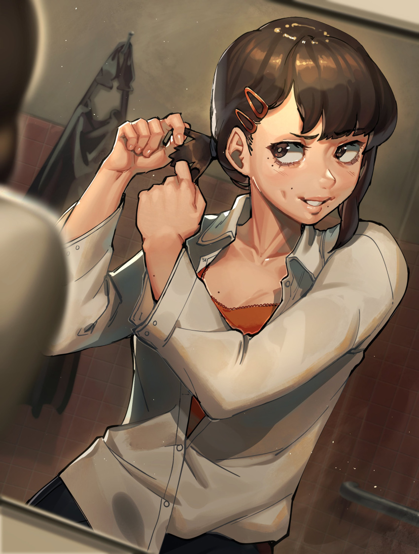 1girl, absurdres, adjusting_hair, bangs, barley_juice, blush, bra, brown_hair, chainsaw_man, collarbone, grin, hair_ornament, hairclip, higashiyama_kobeni, highres, indoors, mirror, mole, mole_on_cheek, mole_under_mouth, orange_bra, parted_lips, partially_unbuttoned, shirt, smile, solo, teeth, tile_wall, tiles, tying_hair, underwear, white_shirt