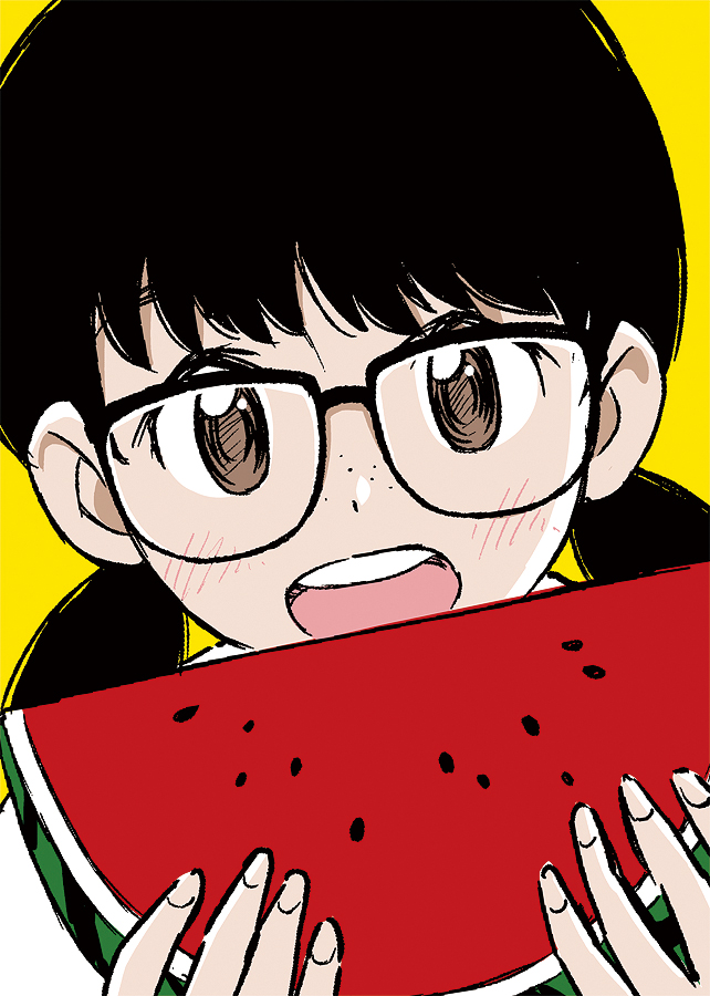 1girl, 49s-aragon, bangs, black-framed_eyewear, black_hair, brown_eyes, food, freckles