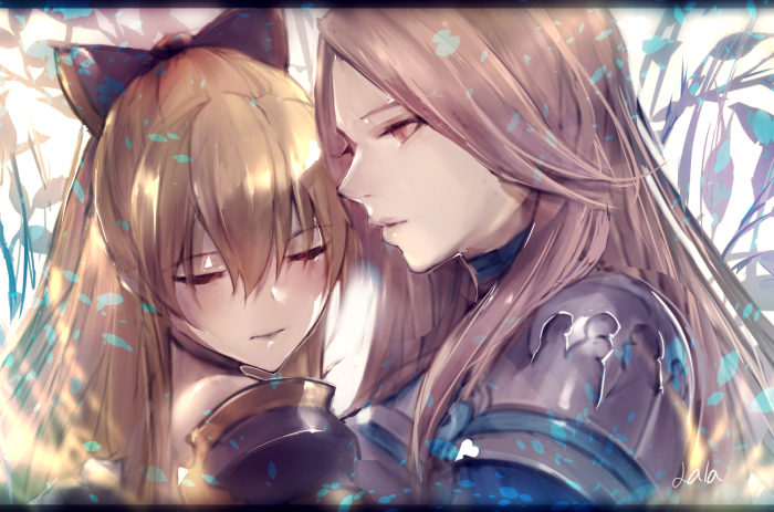 2girls, armor, bangs, black_bow, blonde_hair, bow, brown_eyes, closed_eyes