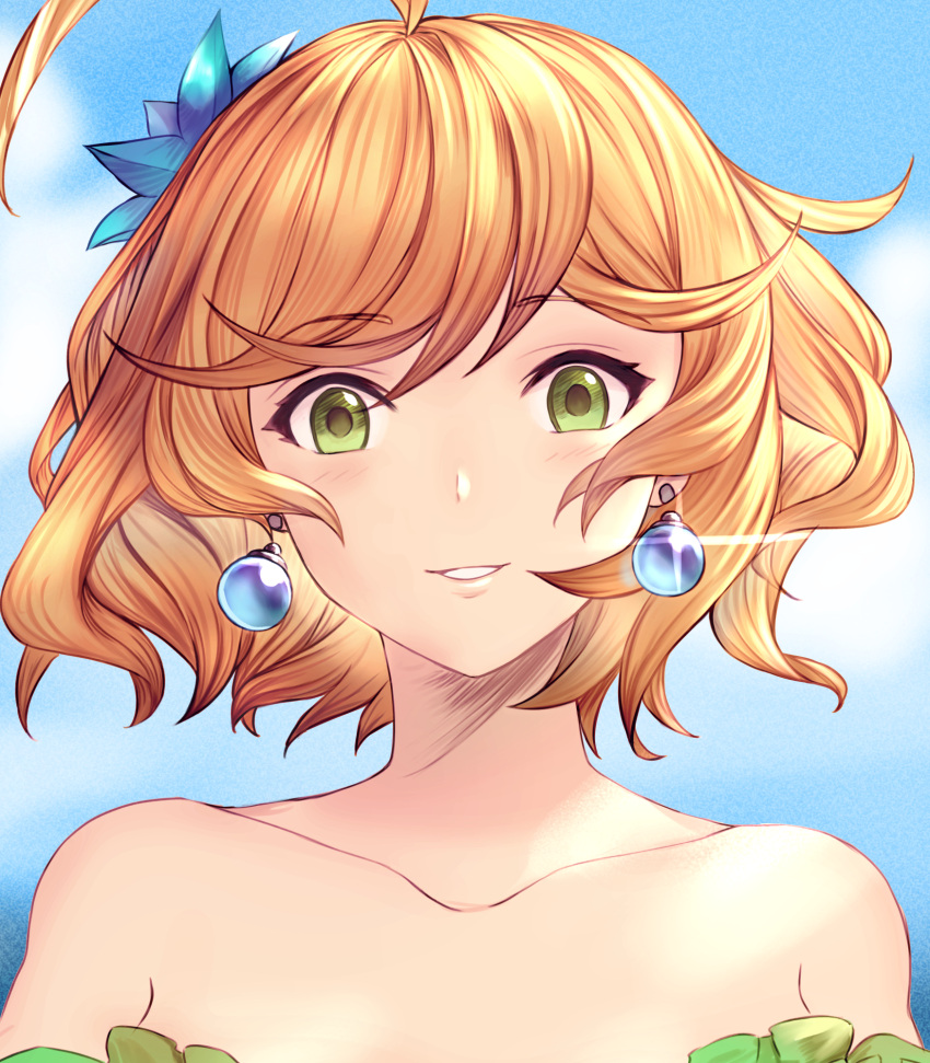 1girl, ahoge, bangs, bare_shoulders, blonde_hair, blue_flower, collarbone, day