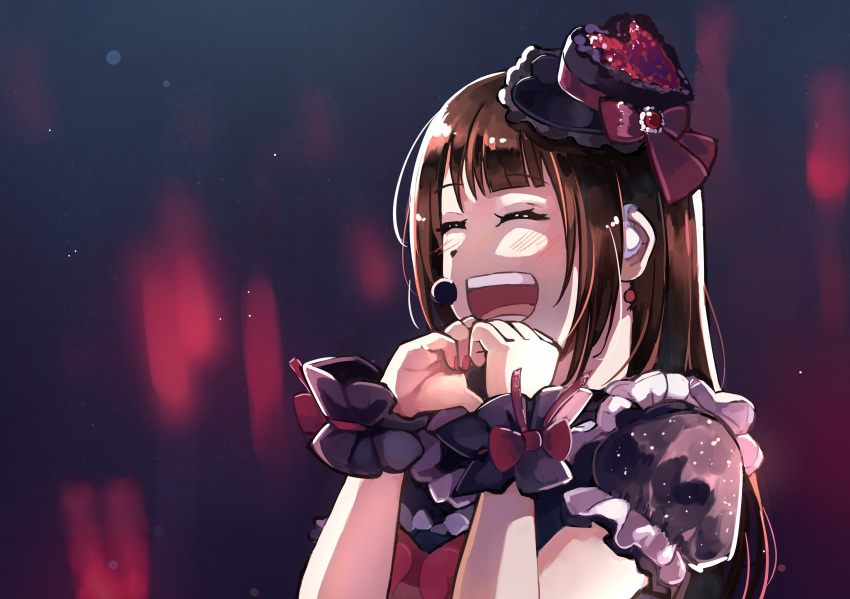 1girl, bangs, blush, brown_hair, closed_eyes, commentary_request, english_commentary, hat
