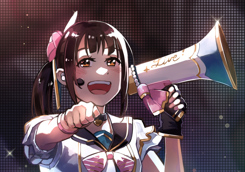 1girl, bangs, blush, brown_hair, commentary_request, english_commentary, fingerless_gloves, gloves, highres, holding, holding_megaphone, kusunoki_tomori, like_it!_love_it!, looking_at_viewer, love_live!, love_live!_nijigasaki_high_school_idol_club, medium_hair, megaphone, myonmukyuu, orange_eyes, partial_commentary, real_life, side_ponytail, sidelocks, single_glove, solo, upper_body, voice_actor, voice_actor_connection, yuuki_setsuna_(love_live!)
