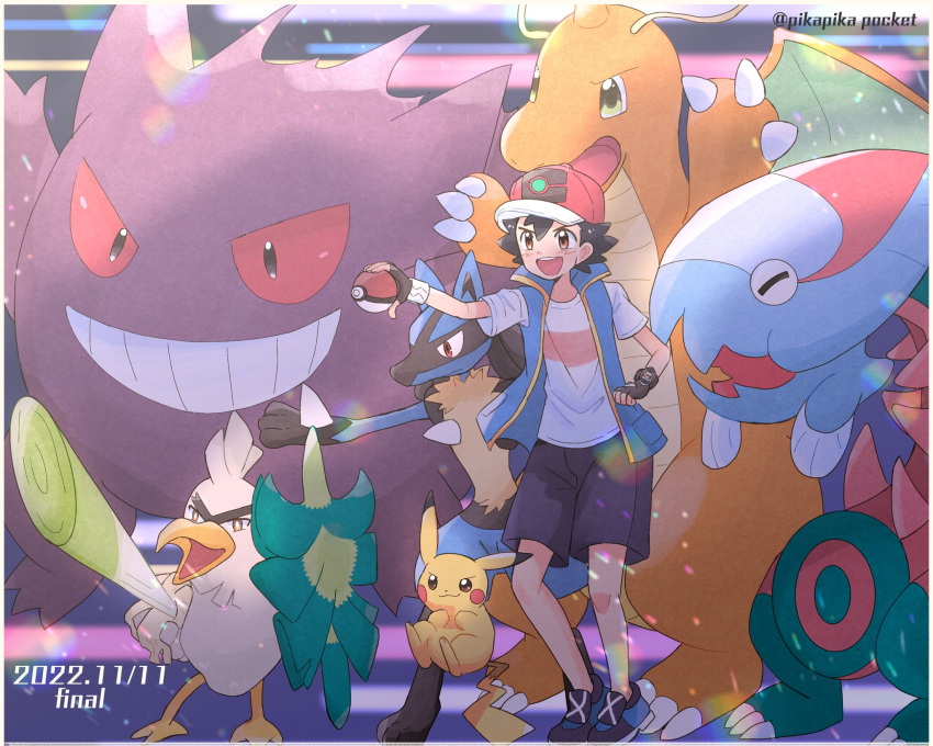 1boy, :d, ash_ketchum, bangs, black_hair, blue_jacket, border, brown_eyes