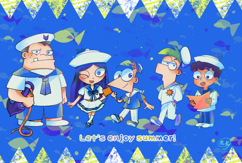1girl, 4boys, ajaj21bd, alternate_costume, anchor, anchor_symbol, baljeet_tjinder, blue_hair, bow, bowtie, brown_hair, buck_teeth, buford_van_stomm, dark_skin, english_text, ferb_fletcher, fish, flag, green_hair, hat, highres, isabella_garcia-shapiro, map, mary_janes, multiple_boys, one_eye_closed, pants, phineas_and_ferb, phineas_flynn, redhead, sailor_collar, sailor_hat, sailor_shirt, shirt, shoes, sun, teeth, water, white_pants