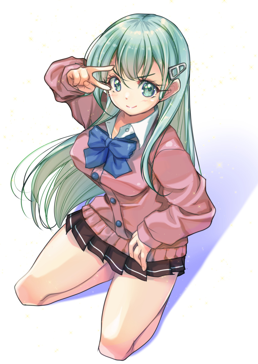 1girl, absurdres, aqua_eyes, aqua_hair, ascot, black_skirt, blue_ribbon, breasts