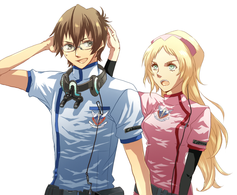 1boy, 1girl, bangs, belt, blonde_hair, breasts, brown_eyes, brown_hair