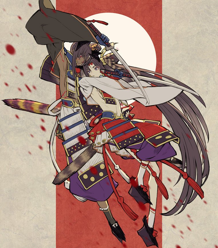 2girls, armor, baggy_pants, bangs, black_hair, black_sleeves, blood, blue_eyes, blue_gloves, breast_curtains, breasts, dark-skinned_female, dark_persona, dark_skin, detached_sleeves, fate/grand_order, fate_(series), fighting, fur_sheath, gloves, hair_ornament, hat, holding, holding_sheath, holding_sword, holding_weapon, japanese_armor, katana, kusazuri, long_hair, long_sleeves, medium_breasts, multiple_girls, navel, pants, parted_bangs, parted_lips, red_eyes, revealing_clothes, ribs, sakamoto_mineji, sheath, side_ponytail, simple_background, smile, sword, tassel, ushiwakamaru_(corrupted)_(fate), ushiwakamaru_(fate), very_long_hair, weapon, white_sleeves
