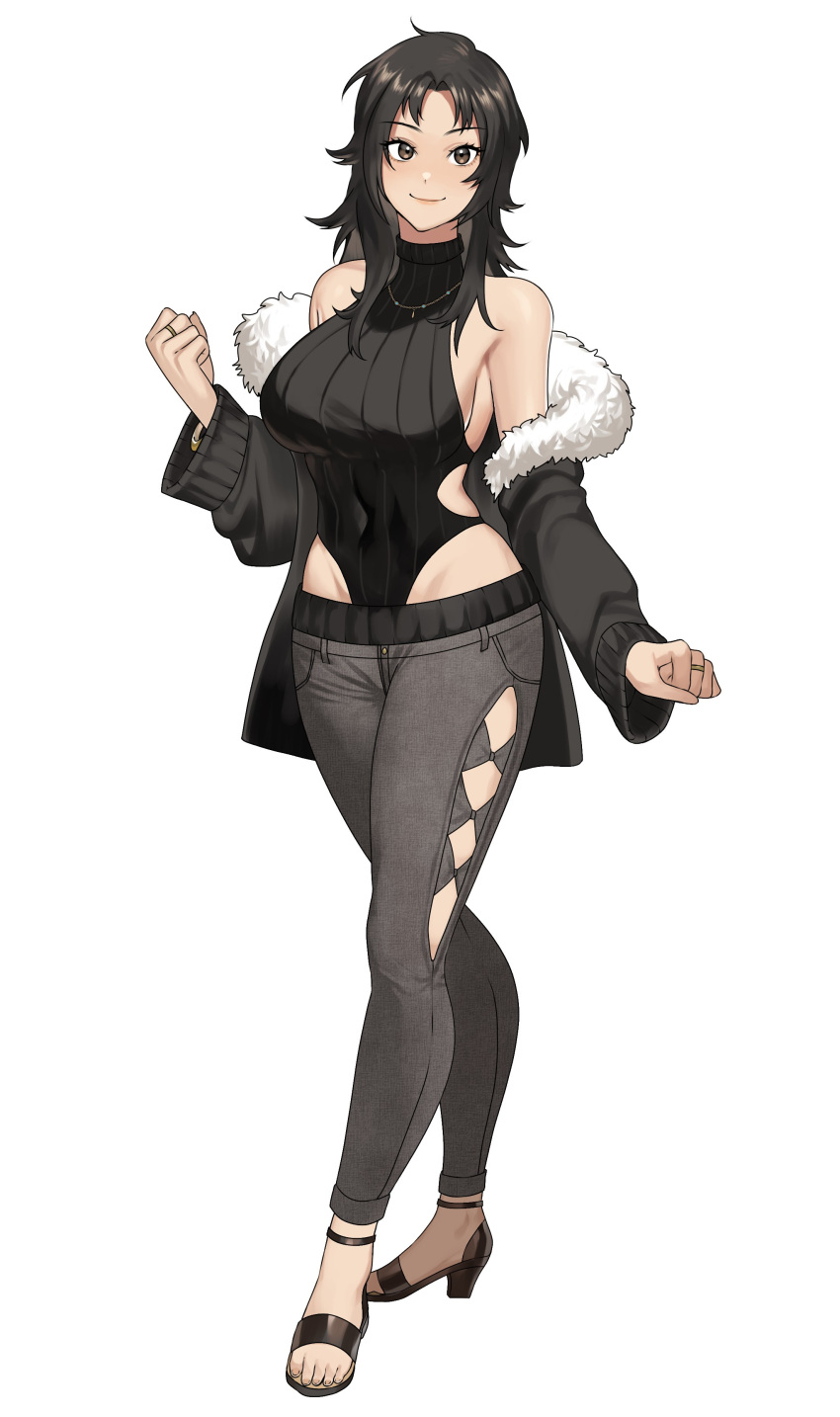 absurdres, arm_at_side, bangle, black_coat, black_hair, black_sweater, bracelet, breasts
