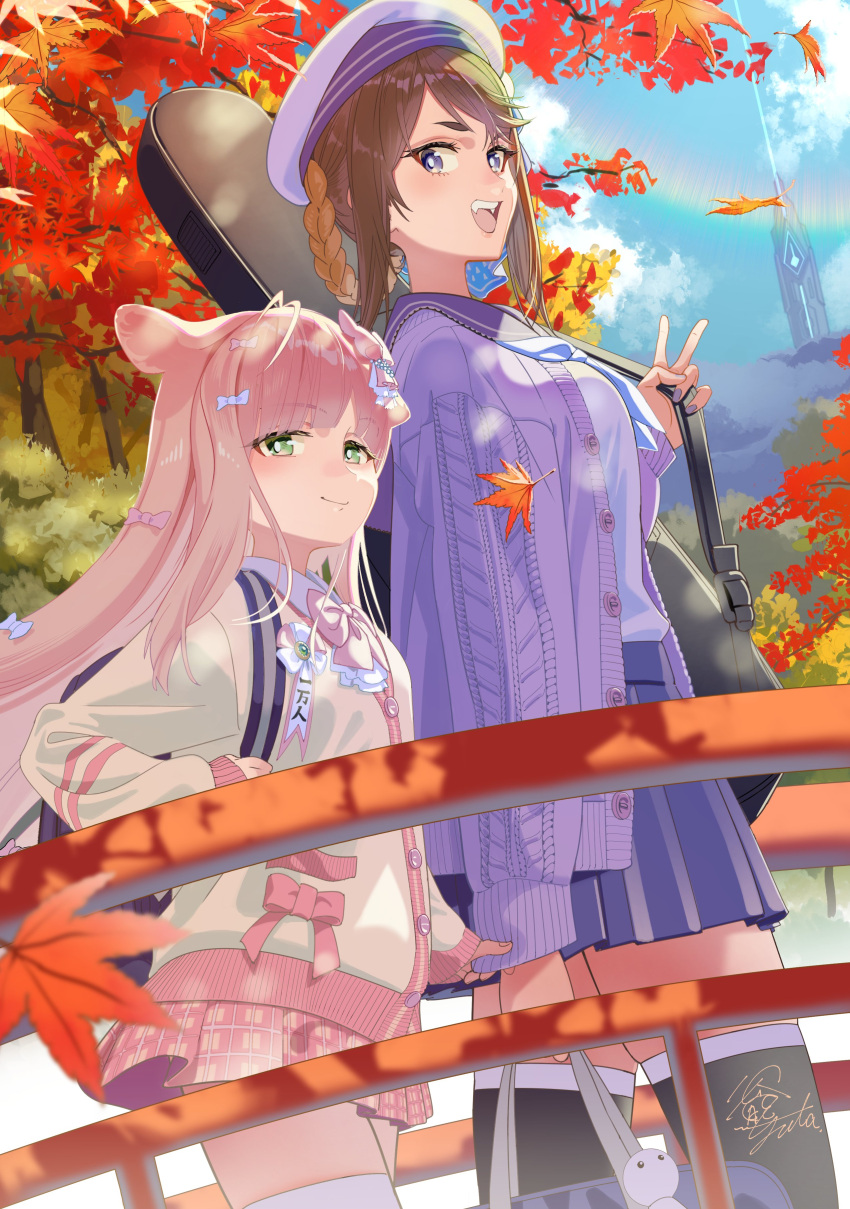 2girls, absurdres, animal_ears, autumn_leaves, bangs, beret, blue_neckerchief, bow, breasts, brown_hair, cardigan, chiho_(vtuber), clouds, fangs, floating_hair, from_side, green_eyes, hat, highres, indie_virtual_youtuber, leaf, long_hair, looking_at_viewer, maple_leaf, medium_breasts, multicolored_hair, multiple_girls, musubuno_ribbon, neckerchief, open_mouth, pink_bow, pink_hair, purple_headwear, purple_nails, purple_shirt, purple_sweater, sandal_master, school_uniform, shirt, short_hair, sidelocks, single_hair_ring, sky, smile, sweater, two-tone_hair, violet_eyes, virtual_youtuber, walking, yellow_cardigan